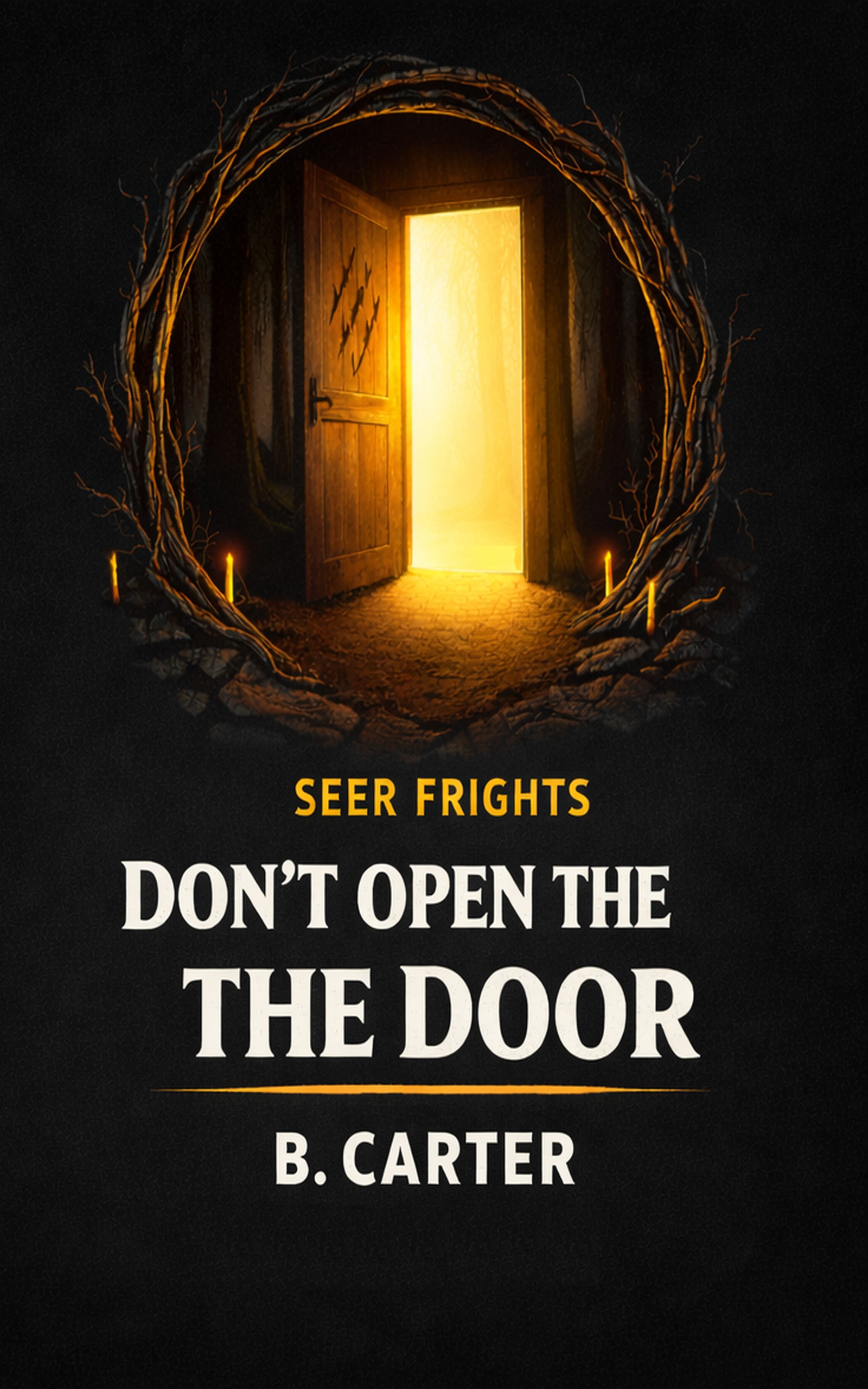 Don't Open the Door cover - four kids outside a cabin in dark forest